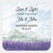 Nieuwe Mr & Mrs Mountain Lavendel bruiloft gunst Vierkante Sticker (Voorkant)