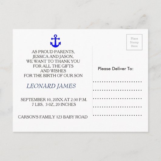Nieuwe Nautical baby boy aankondiging (Achterkant)