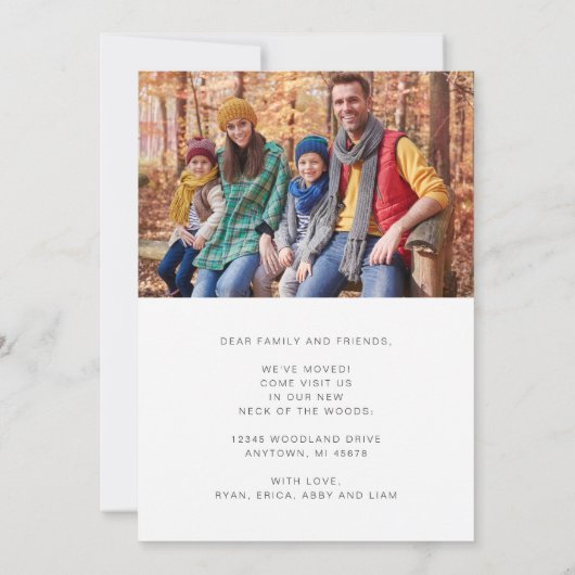 Nieuwe nek van de Bossen Familie Foto Moving Aankondiging (Achterkant)