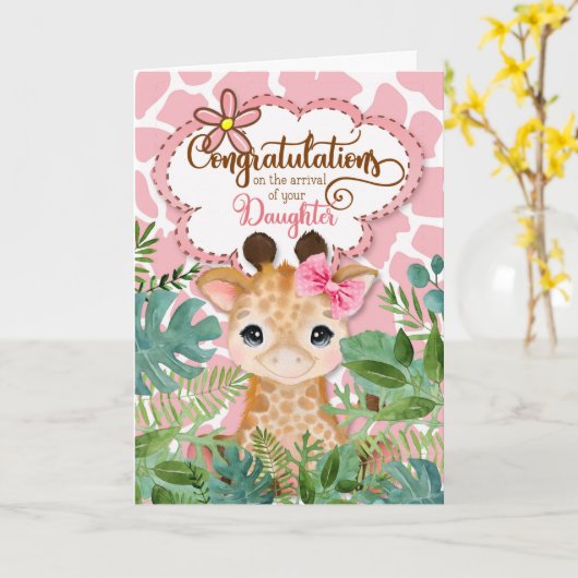 Nieuwe Oerwouden voor babymeisjes Roze Giraffe Kaart (Gele Bloem)