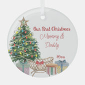 Nieuwe Ouders Eerste Kerstboom en Wieg Glas Ornament (Voorkant)