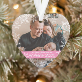 Nieuwe Ouders Eerste Kerstmis Snowflakes Roze Foto Ornament