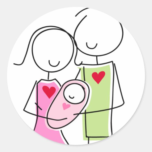 Nieuwe Ouders met Baby Meisje - Ronde Stickers (Voorkant)