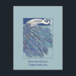 Nieuwe Peacock Wedding Invitation Kaart<br><div class="desc">Deze kleurrijke uitnodiging bevat een Art Nouveau Peacock-ontwerp (c. 1895), in tinten blauw, aquamarine en turquoise. Op de voorzijde, een sjabloon voor de naam van de Bride en van de Groom en trouwdatum, of een andere inschrijving. Aan de achterkant, een ondoorzichtige herhaling van het Peacock-veerpatroon en een sjabloon voor uw...</div>