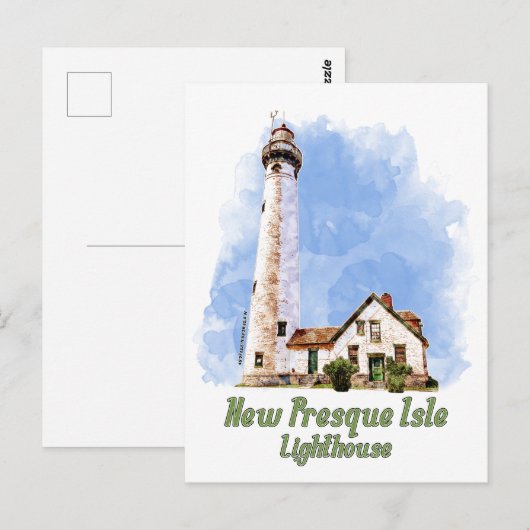 Nieuwe Presque Isle Lighthouse Waterverf - Michiga Briefkaart (Voorkant / Achterkant)