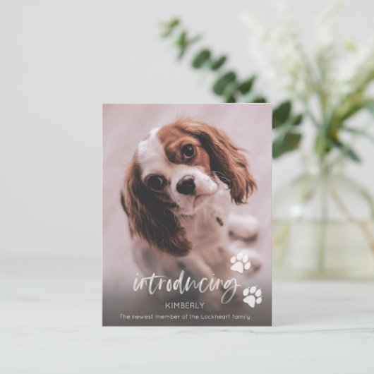 Nieuwe puppy aankondiging, adoptie volwassen hond briefkaart (Staand voorkant)