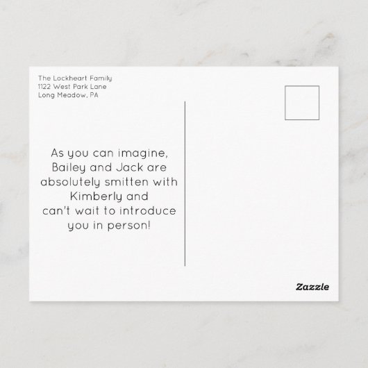 Nieuwe puppy aankondiging, adoptie volwassen hond briefkaart (Achterkant)