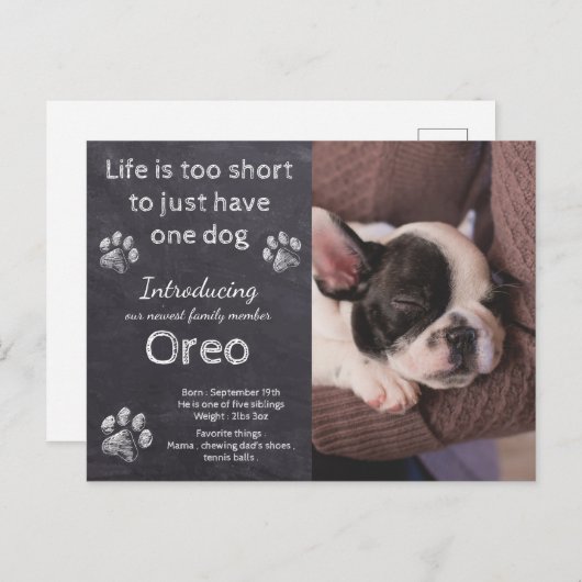 Nieuwe puppy - Introductie van Puppy Dog Chalkboar Aankondigingskaart (Voorkant / Achterkant)