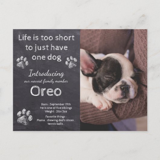 Nieuwe puppy - Introductie van Puppy Dog Chalkboar Aankondigingskaart (Voorkant)