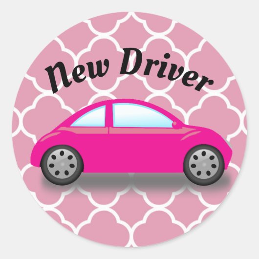 Nieuwe roze bestuurderskaart op roze Quatrefoil-St Ronde Sticker (Voorkant)