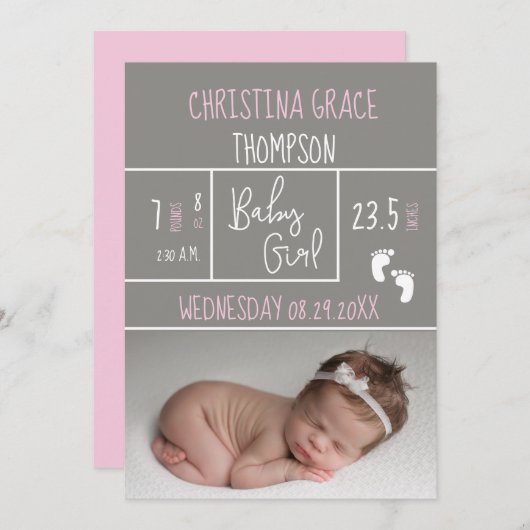 Nieuwe Roze Geboorte Statistieken Meisje Geboorte  Aankondiging (Voorkant / Achterkant)