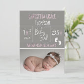 Nieuwe roze geboorte Stats Baby Girl aankondiging (Staand voorkant)