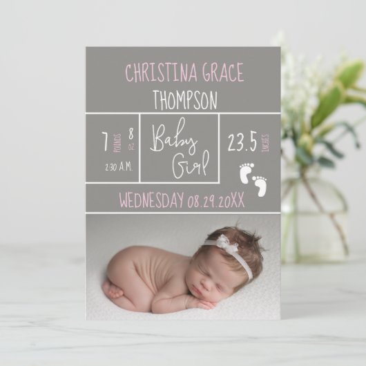 Nieuwe roze geboorte Stats Baby Girl aankondiging (Staand voorkant)