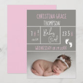 Nieuwe roze geboorte Stats Baby Girl aankondiging (Voorkant / Achterkant)