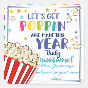 Nieuwe schooljaren krijgen poppin leraar klas vierkante sticker