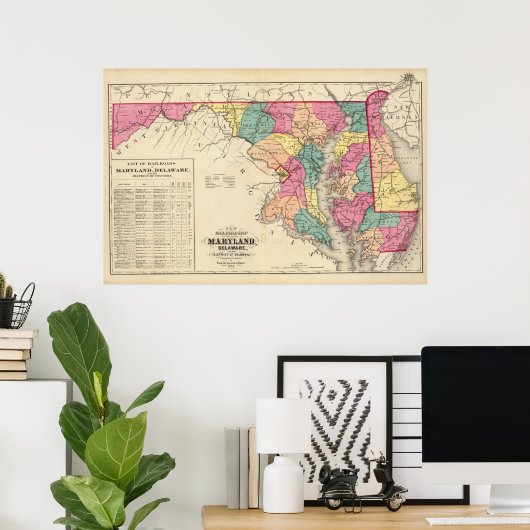 Nieuwe spoorwegkaart van de staten van Maryland Poster (Thuiskantoor)