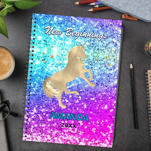 Nieuwe start gouden eenhoorn Glitter monogram groo Notitieboek