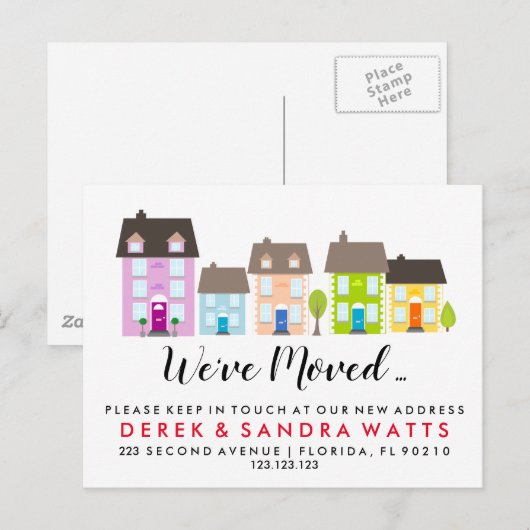 Nieuwe straat kleurrijke huizen bedrijfsadres aankondigingskaart (Voorkant / Achterkant)