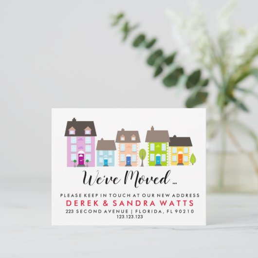 Nieuwe straat kleurrijke huizen bedrijfsadres aankondigingskaart (Staand voorkant)