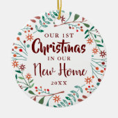 Nieuwe thuis onze eerste kerst bloemstuk keramisch ornament (Voorkant)