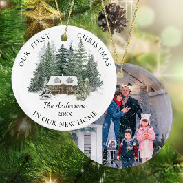 Nieuwe thuisfamilie Foto bijtende pine-kerst Keramisch Ornament
