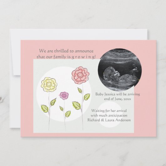 Nieuwe toevoeging Roze foto Zwangerschap Aankondig Aankondiging (Voorkant)