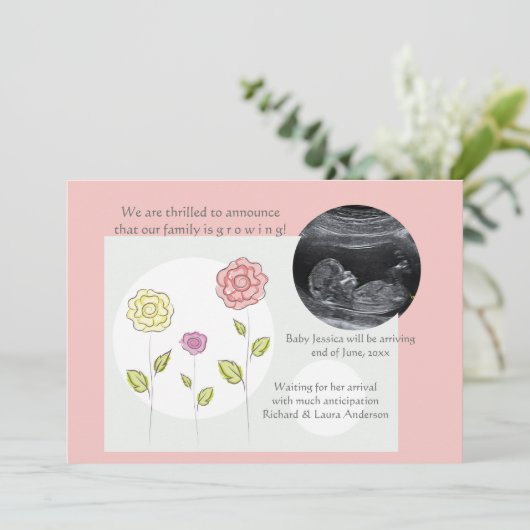 Nieuwe toevoeging Roze foto Zwangerschap Aankondig Aankondiging (Staand voorkant)