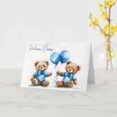 Nieuwe Twin Boy Teddyberen met blauwe ballonnen Kaart (Gele Bloem)
