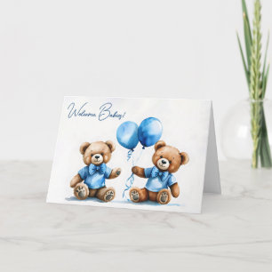 Nieuwe Twin Boy Teddyberen met blauwe ballonnen Kaart