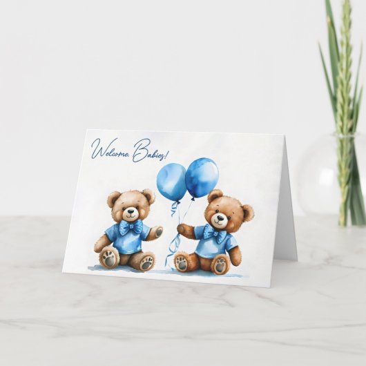 Nieuwe Twin Boy Teddyberen met blauwe ballonnen Kaart (Voorkant)