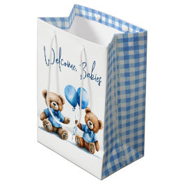 Nieuwe Twin Boy Teddyberen met blauwe ballonnen Medium Cadeauzakje