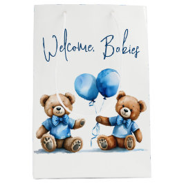 Nieuwe Twin Boy Teddyberen met blauwe ballonnen Medium Cadeauzakje