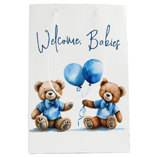 Nieuwe Twin Boy Teddyberen met blauwe ballonnen Medium Cadeauzakje (Voorkant)