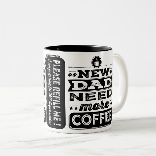Nieuwe vader heeft meer koffie nodig (grappige nie tweekleurige koffiemok (Voorkant rechts)