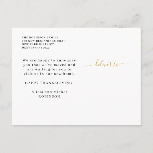 Nieuwe verandering van adres in Thanksgiving thuis Aankondigingskaart (Achterkant)