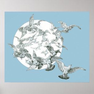 nieuwe vogelstand met volle maan poster