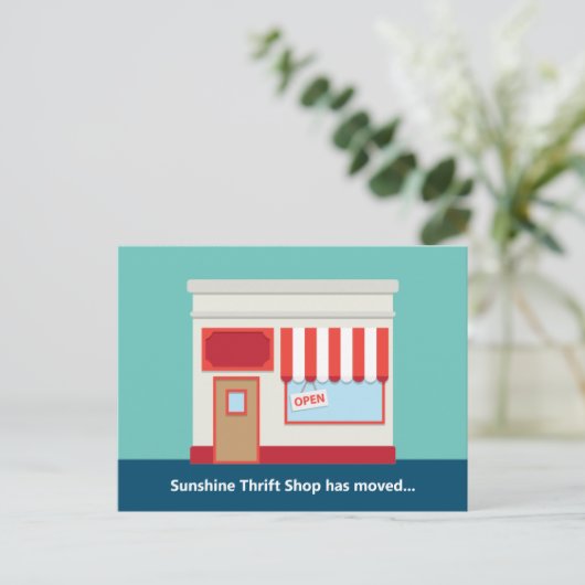 Nieuwe winkeldeur openen of winkelbeweging briefkaart (Staand voorkant)