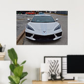 Nieuwe witte corvette auto met racestrepen poster (Thuiskantoor)