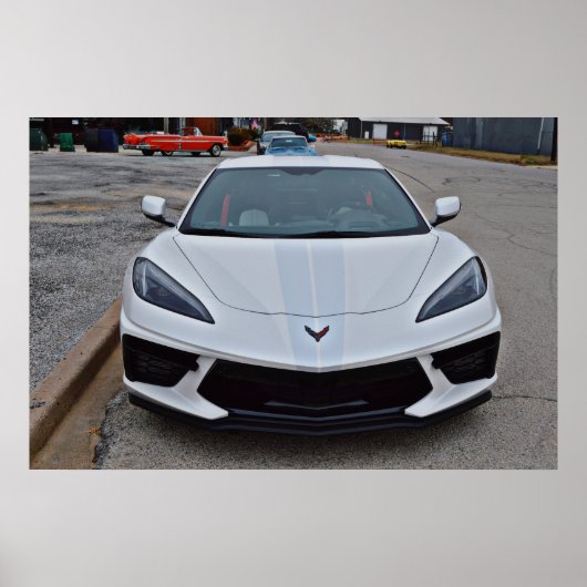 Nieuwe witte corvette auto met racestrepen poster (Voorkant)