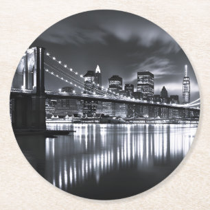 Nieuwe York Silhouet Brooklyn Bridge Monochroom Na Ronde Kartonnen Onderzetter