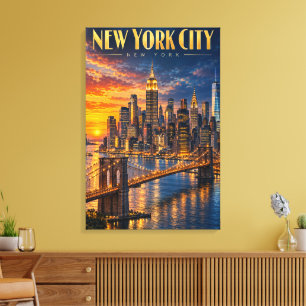 Nieuwe York Stad Gouden Silhouet Zonsondergang Rei Canvas Afdruk