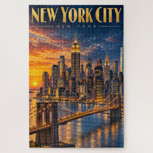 Nieuwe York Stad Gouden Silhouet Zonsondergang Rei Legpuzzel