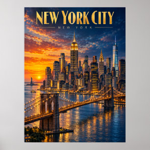 Nieuwe York Stad Gouden Silhouet Zonsondergang Rei Poster