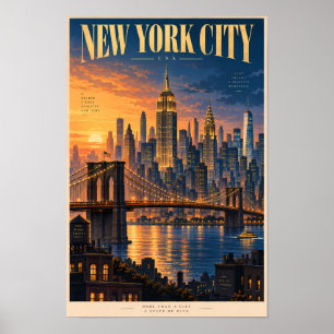 Nieuwe York Stad Zonsondergang Illustratie Reis Ku Poster