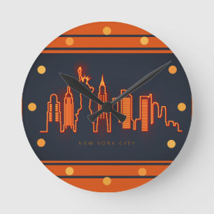 Nieuwe Yorkse Silhouette Oranje Neon Uitzicht Stad Ronde Klok