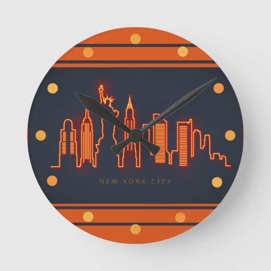 Nieuwe Yorkse Silhouette Oranje Neon Uitzicht Stad Ronde Klok (Voorkant)
