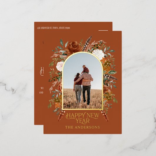 Nieuwejaar budget botanische elegante terracotta folie feestdagen briefkaart (Voorkant / Achterkant)
