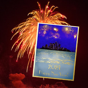 Nieuwejaars gouden vuurwerk boven de stad folie feestdagen briefkaart