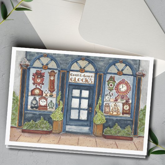 Nieuwejaars Vintage Klok Winkel Waterverfschilderi Kaart