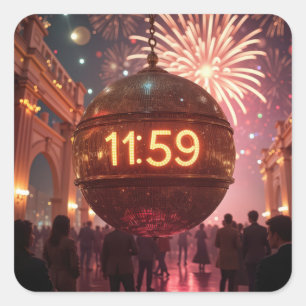 Nieuwejaarsavond aftelklok met vuurwerk vierkante sticker